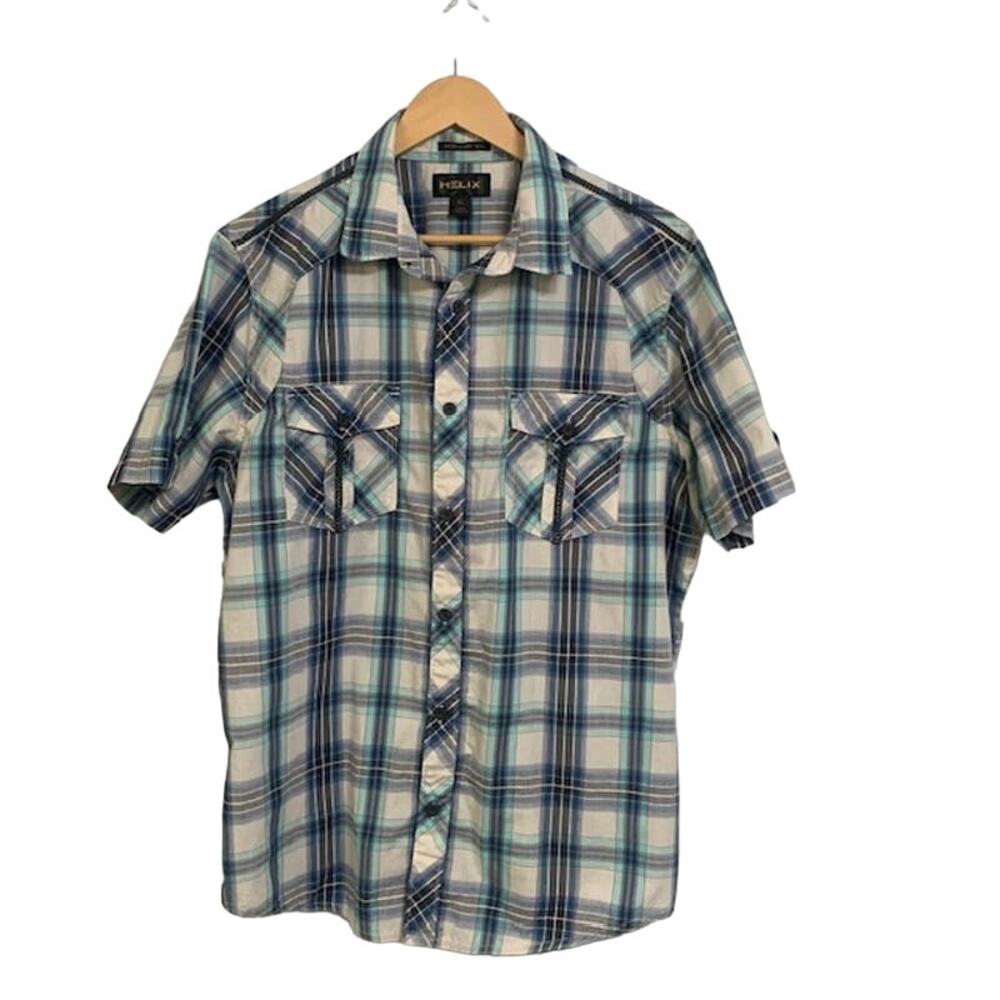 HELIX Athletic Fit Plaid Western Men Button Short Sleeve Shirt | XL